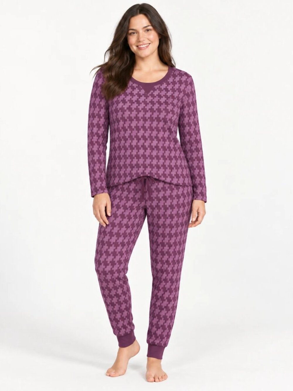 Tommy Hilfiger Womens L Burgundy Houndstooth Pajama Jogger Set NWT Preppy Lounge